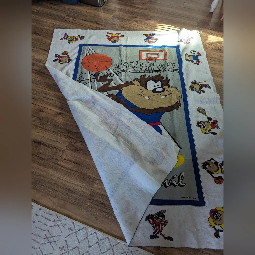 Vintage 1997 Fleece Taz The Tasmanian Devil Blanket. Sporty Taz.